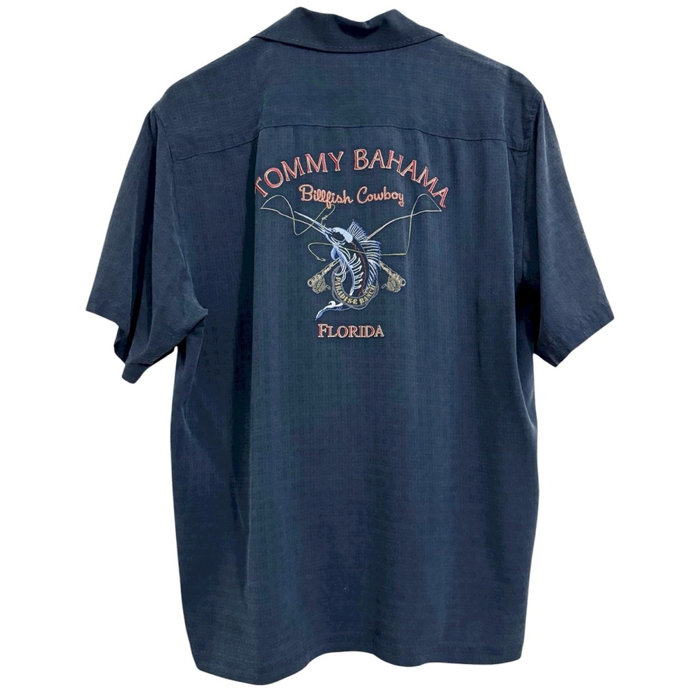 Tommy Bahama Embroidered Billfish Cowboy Silk Blue Shirt Large